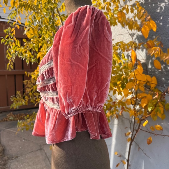 Free People Yours Truly Velvet Peplum Lace Trim Blouse in Blush - Picture 3 of 9